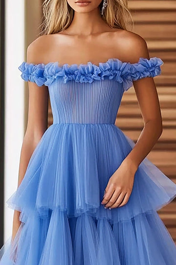 Off The Shoulder Blue Tiered Formal Dress With Ruffles